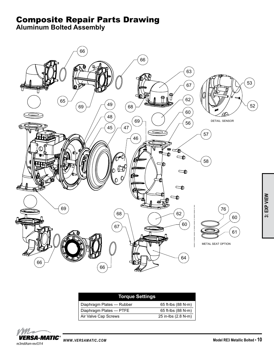 Composite repair parts drawing, Aluminum bolted assembly | Versa-Matic 3 Bolted Metallic Ball Valve Pumps (RE3) User Manual | Page 13 / 29
