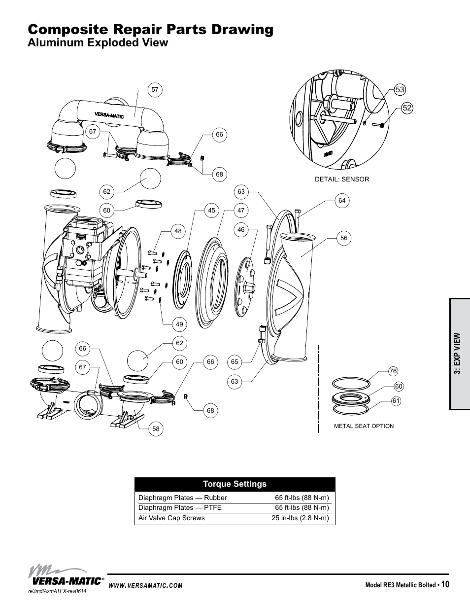 Composite repair parts drawing, Aluminum exploded view | Versa-Matic 3 Bolted Metallic Hazardous Service Ball Valve (RE3) User Manual | Page 13 / 31