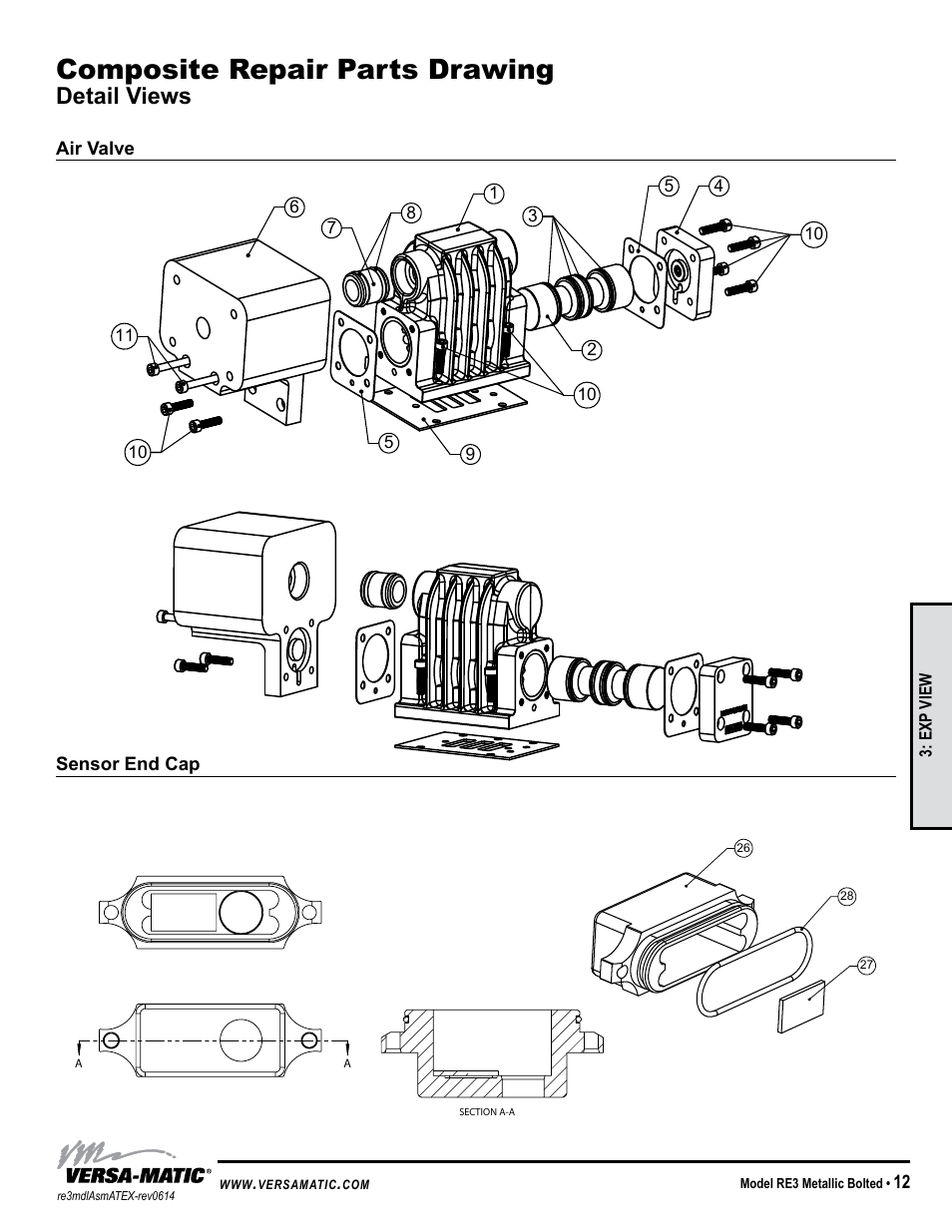 Composite repair parts drawing, Detail views, Idex aodd | Air valve sensor end cap, Exp view | Versa-Matic 3 Bolted Metallic Hazardous Service Ball Valve (RE3) User Manual | Page 15 / 31