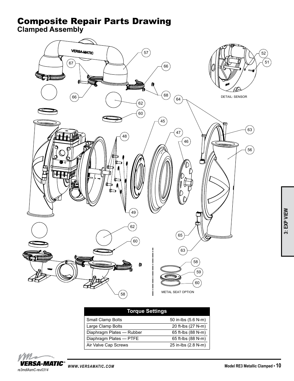 Composite repair parts drawing, Clamped assembly, General model specific | Versa-Matic 3 Clamped Metallic Ball Valve Pumps (RE3) User Manual | Page 13 / 29