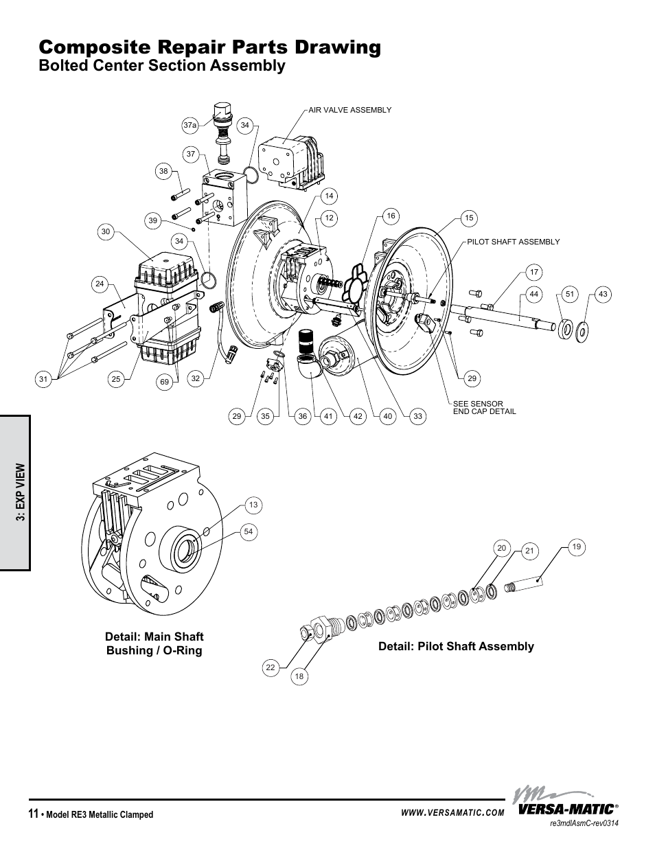 Composite repair parts drawing, Exp view | Versa-Matic 3 Clamped Metallic Ball Valve Pumps (RE3) User Manual | Page 14 / 29