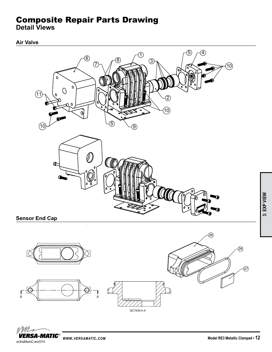 Composite repair parts drawing, Detail views, Idex aodd | Detail 3, Air valve sensor end cap, Exp view | Versa-Matic 3 Clamped Metallic Ball Valve Pumps (RE3) User Manual | Page 15 / 29