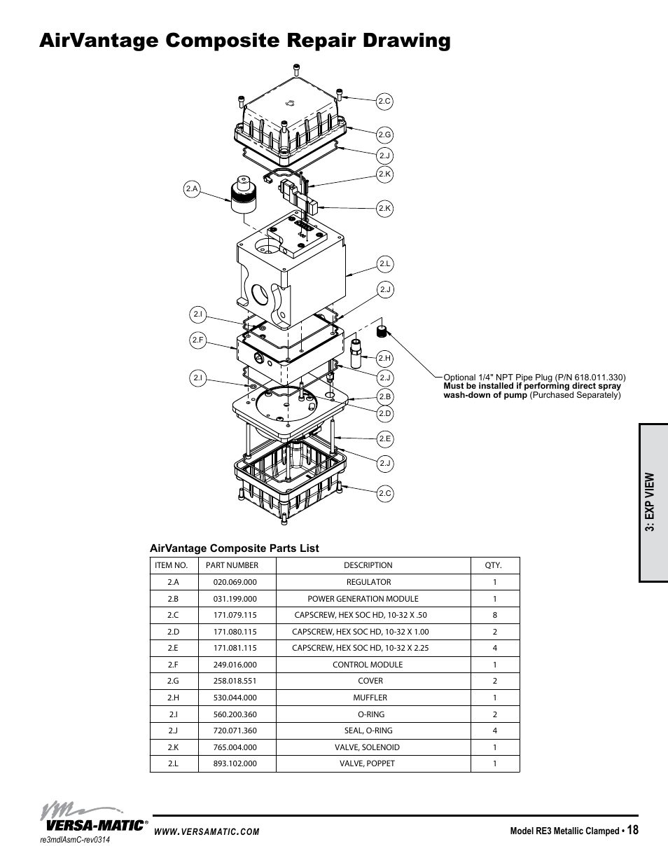 Airvantage composite repair drawing, Exp view | Versa-Matic 3 Clamped Metallic Ball Valve Pumps (RE3) User Manual | Page 21 / 29