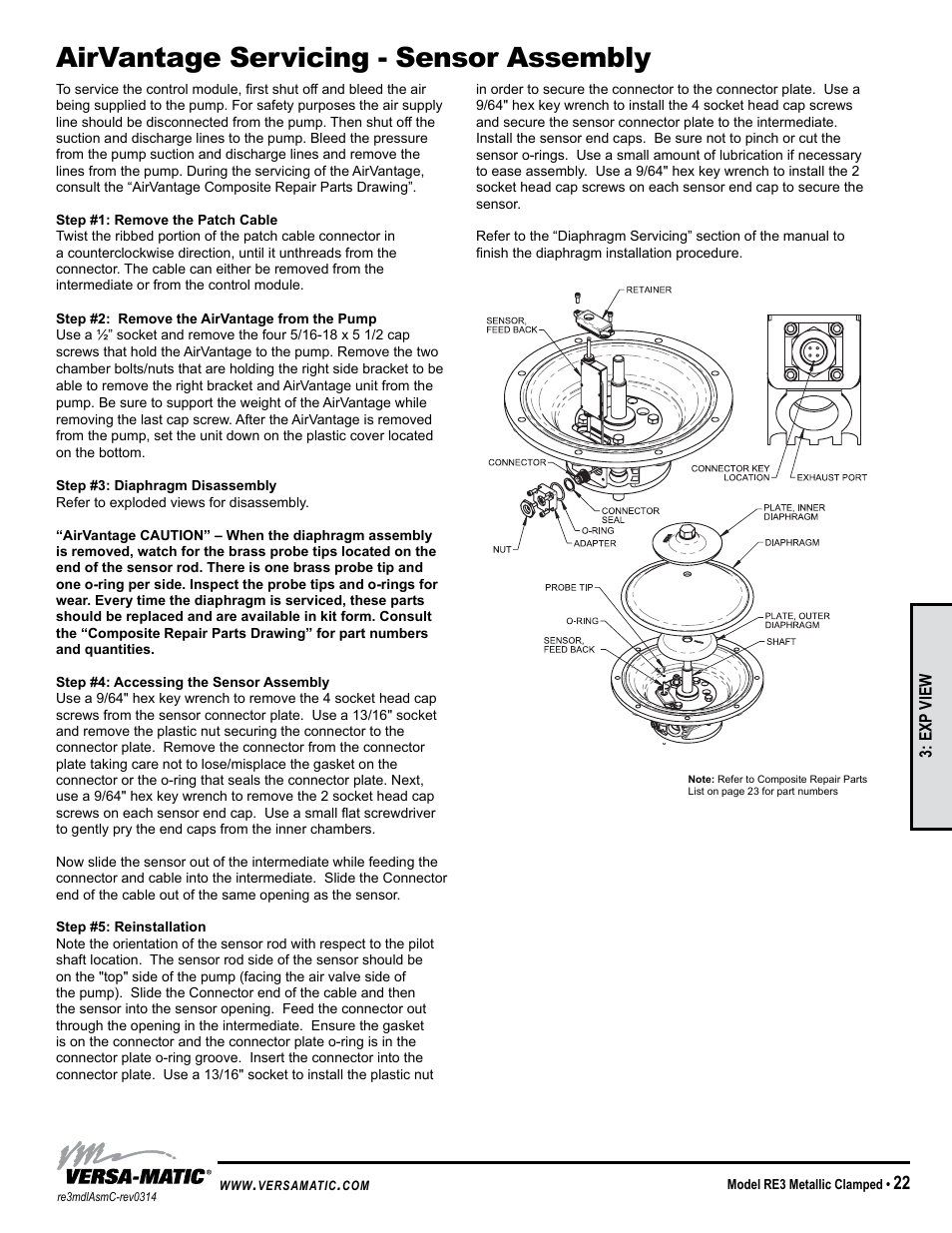 Airvantage servicing - sensor assembly | Versa-Matic 3 Clamped Metallic Ball Valve Pumps (RE3) User Manual | Page 25 / 29