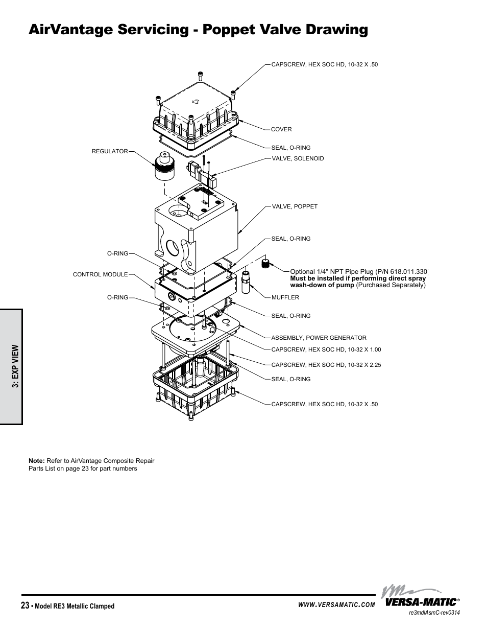 Airvantage servicing - poppet valve drawing, Exp view | Versa-Matic 3 Clamped Metallic Ball Valve Pumps (RE3) User Manual | Page 26 / 29