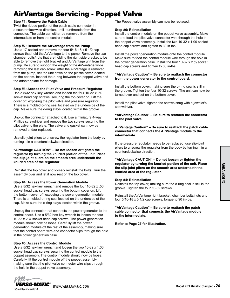 Airvantage servicing - poppet valve | Versa-Matic 3 Clamped Metallic Ball Valve Pumps (RE3) User Manual | Page 27 / 29