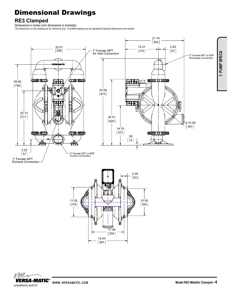 Dimensional drawings, Re3 clamped, Model specific | Pump specs | Versa-Matic 3 Clamped Metallic Ball Valve Pumps (RE3) User Manual | Page 7 / 29