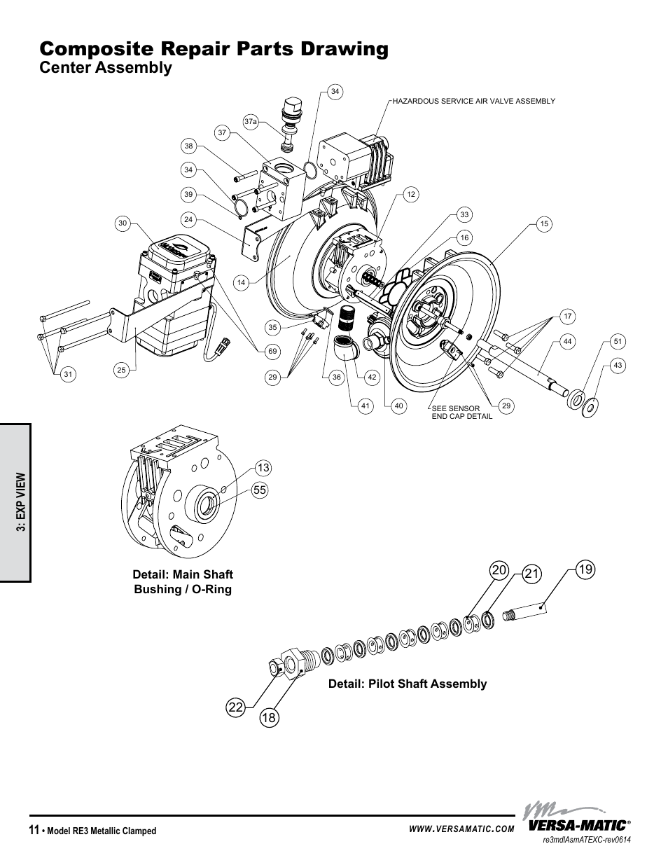 Composite repair parts drawing, Center assembly, Exp view | Idex aodd, Model re3 metallic clamped, Versamatic | Versa-Matic 3 Clamped Metallic Hazardous Service Ball Valve (RE3) User Manual | Page 14 / 31