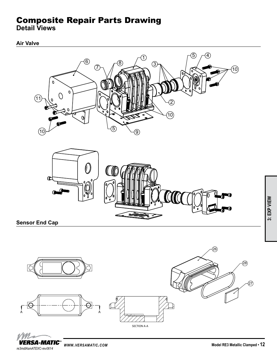 Composite repair parts drawing, Detail views, Idex aodd | Air valve sensor end cap, Exp view | Versa-Matic 3 Clamped Metallic Hazardous Service Ball Valve (RE3) User Manual | Page 15 / 31