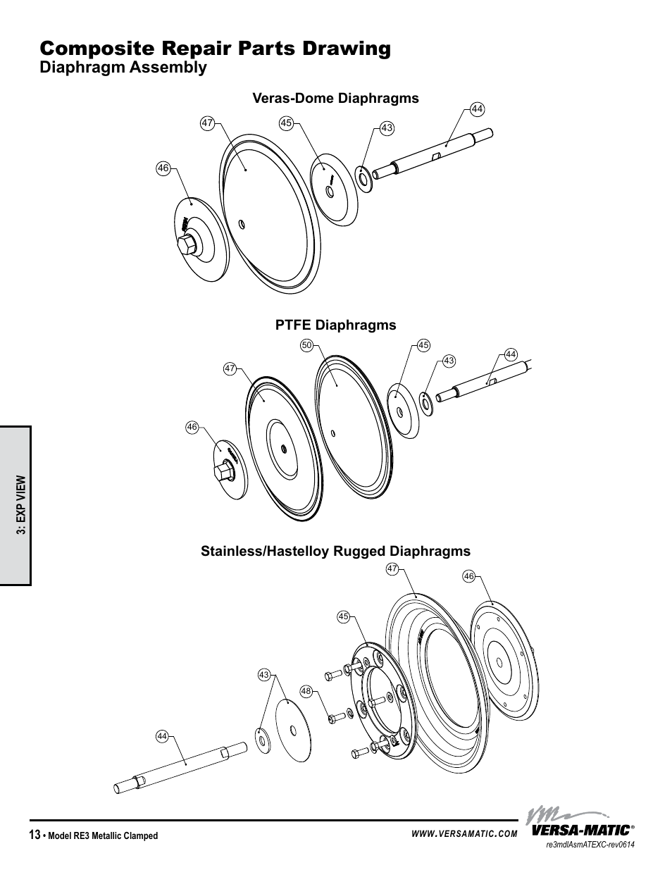 Composite repair parts drawing, Idex aodd, Diaphragm assembly | Exp view, Detail 6, Model re3 metallic clamped | Versa-Matic 3 Clamped Metallic Hazardous Service Ball Valve (RE3) User Manual | Page 16 / 31