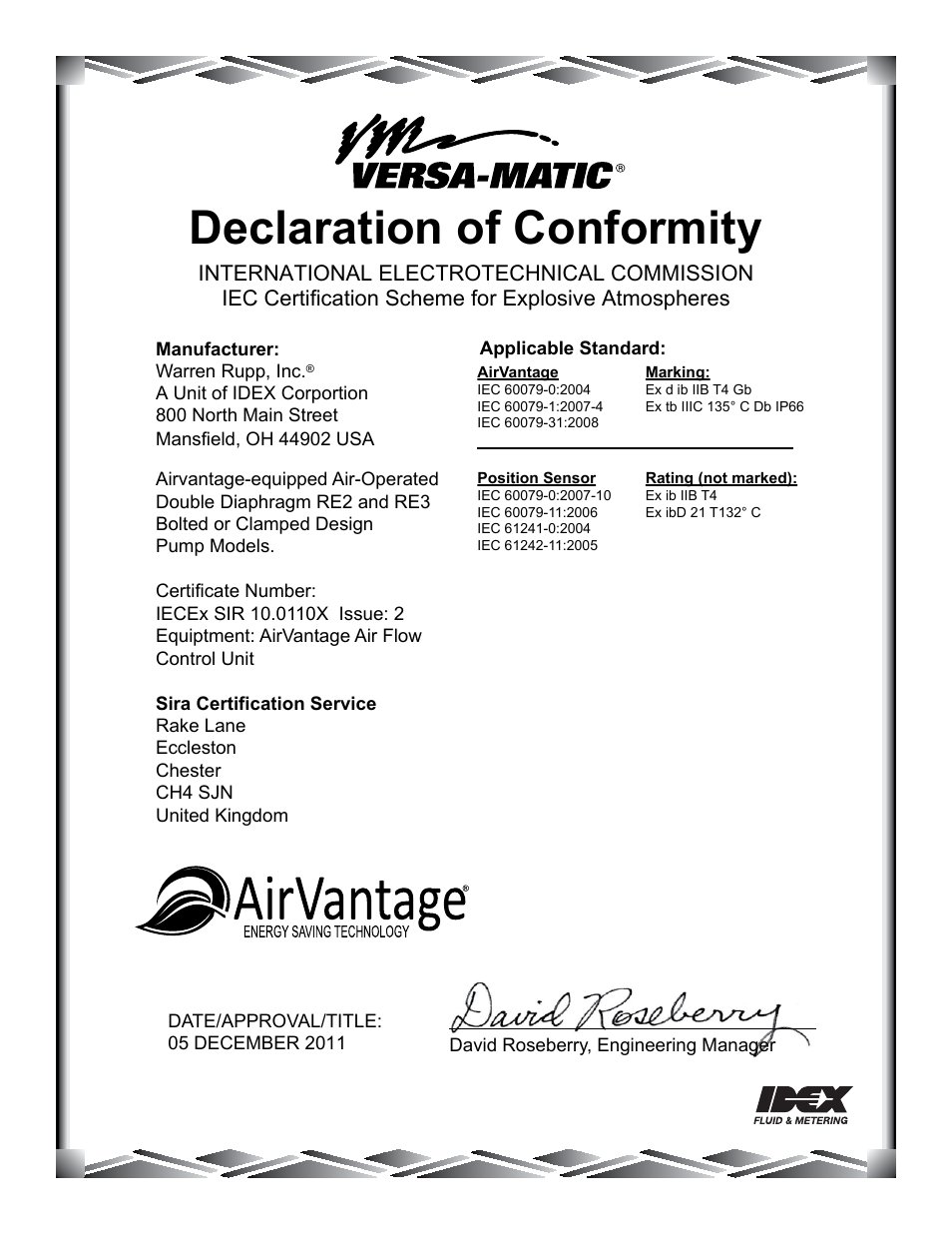 Declaration of conformity | Versa-Matic 3 Clamped Metallic Hazardous Service Ball Valve (RE3) User Manual | Page 31 / 31