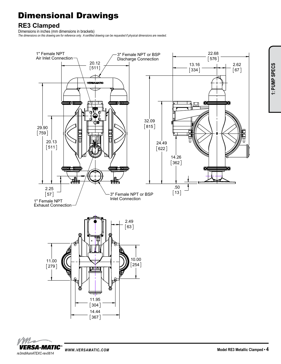 Dimensional drawings, Re3 clamped, Model specific | Versa-Matic 3 Clamped Metallic Hazardous Service Ball Valve (RE3) User Manual | Page 7 / 31