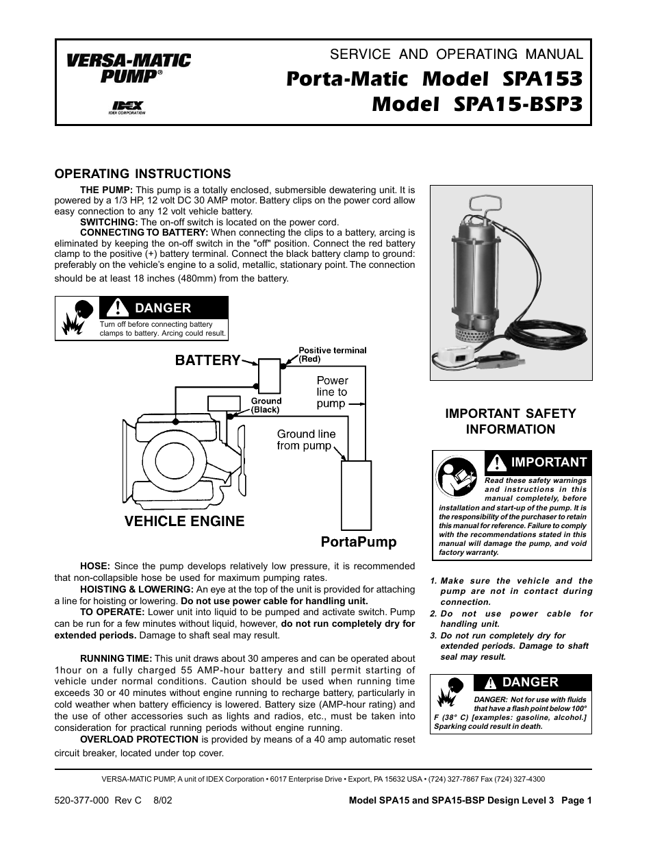 Versa-Matic SPA15-BSP3 Porta-Matic User Manual | 4 pages