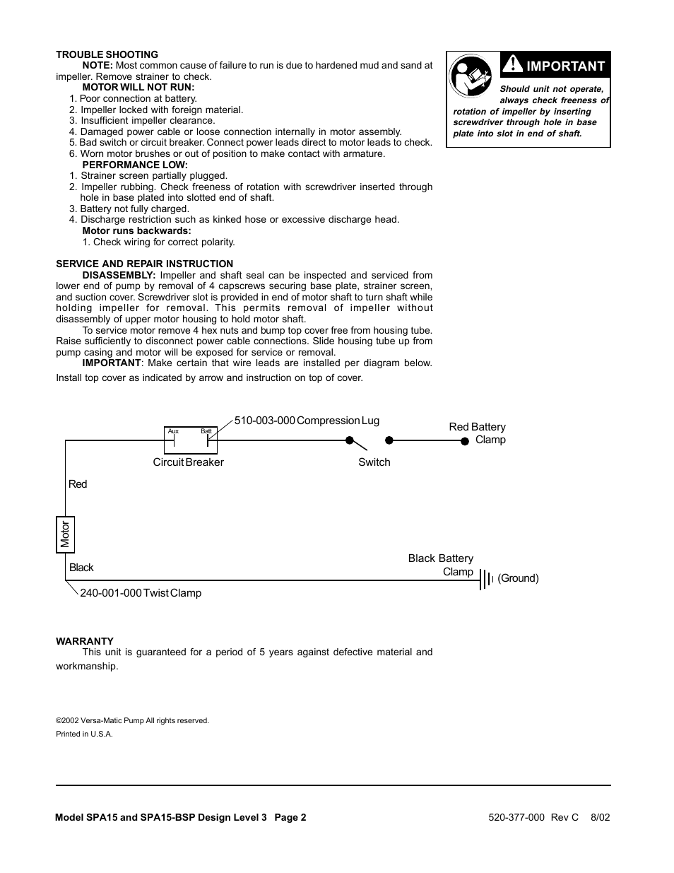 Important | Versa-Matic SPA15-BSP3 Porta-Matic User Manual | Page 2 / 4