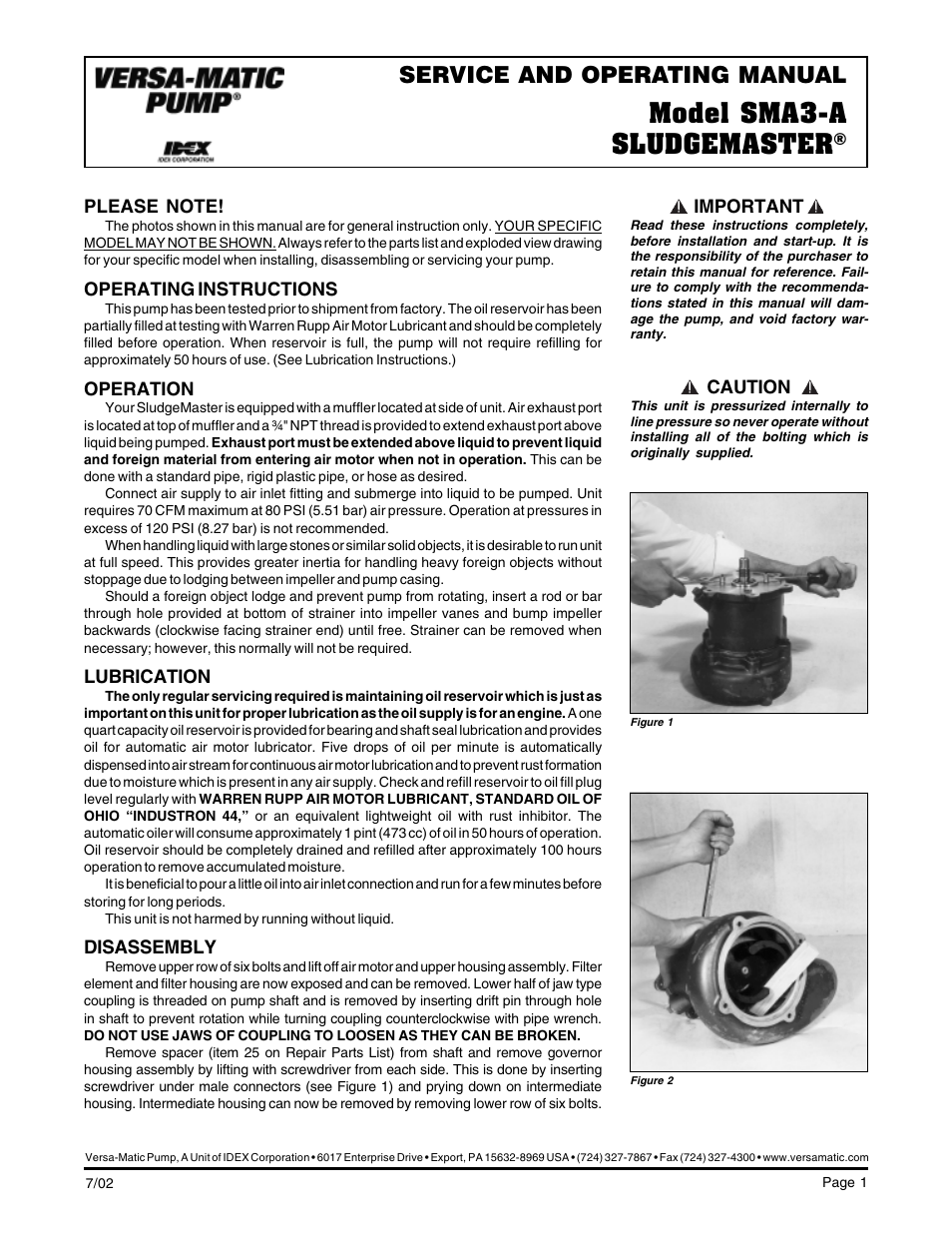 Versa-Matic SMA3-A SLUDGEMASTER User Manual | 5 pages
