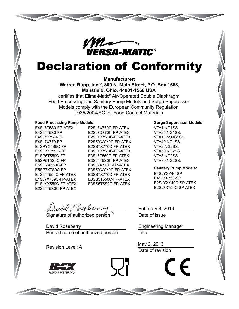 Declaration of conformity | Versa-Matic 1/2 Elima-Matic Bolted Metallic – Food Processing (E5) User Manual | Page 14 / 14