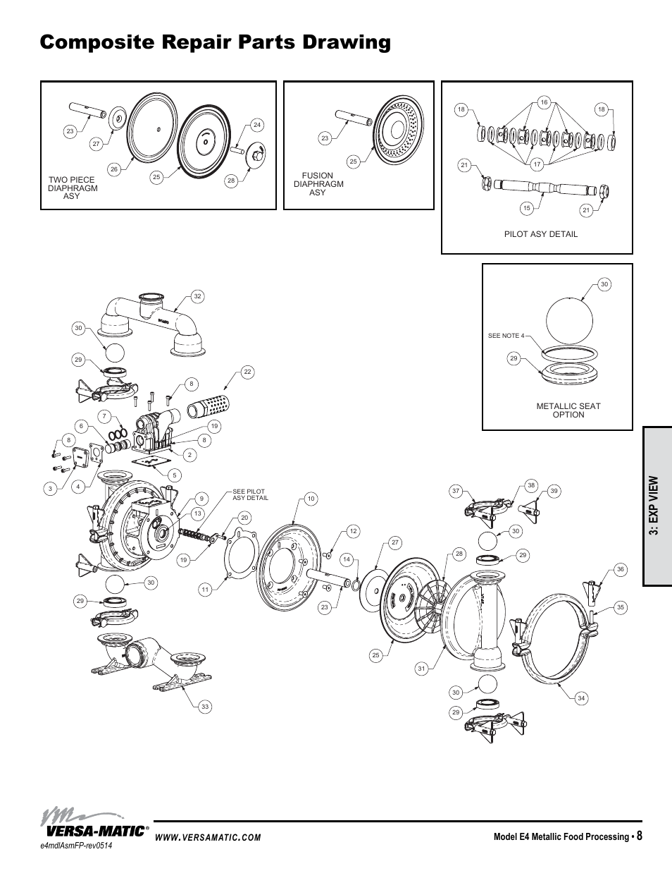 Composite repair parts drawing, General model specific, Exp view | Model e4 metallic food processing, Versamatic | Versa-Matic 1 1/2 Elima-Matic Food Processing (E4) User Manual | Page 11 / 15