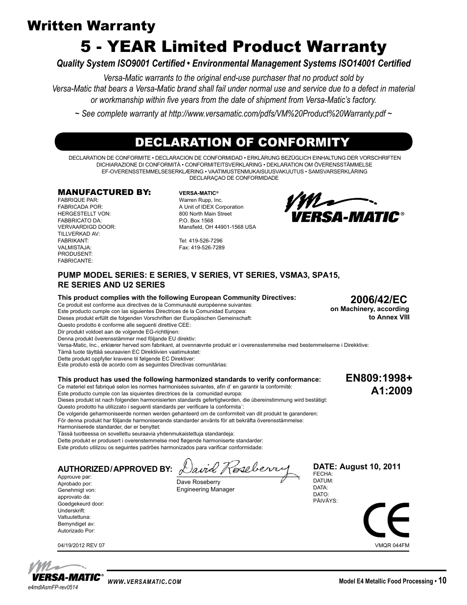 5 - year limited product warranty, Written warranty, Declaration of conformity | Model specific | Versa-Matic 1 1/2 Elima-Matic Food Processing (E4) User Manual | Page 13 / 15