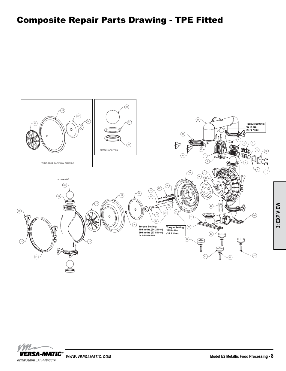 Troubleshooting guide, Composite repair parts drawing - tpe fitted, General model specific | Symptom: potential cause(s): recommendation(s), Exp view, Pump cycles once, Pump will not operate / cycle, Pump cycles and will not prime or no flow, Product leaking through exhaust, Premature diaphragm failure | Versa-Matic 2 Elima-Matic Metallic Food Processing – ATEX (E2) User Manual | Page 11 / 17