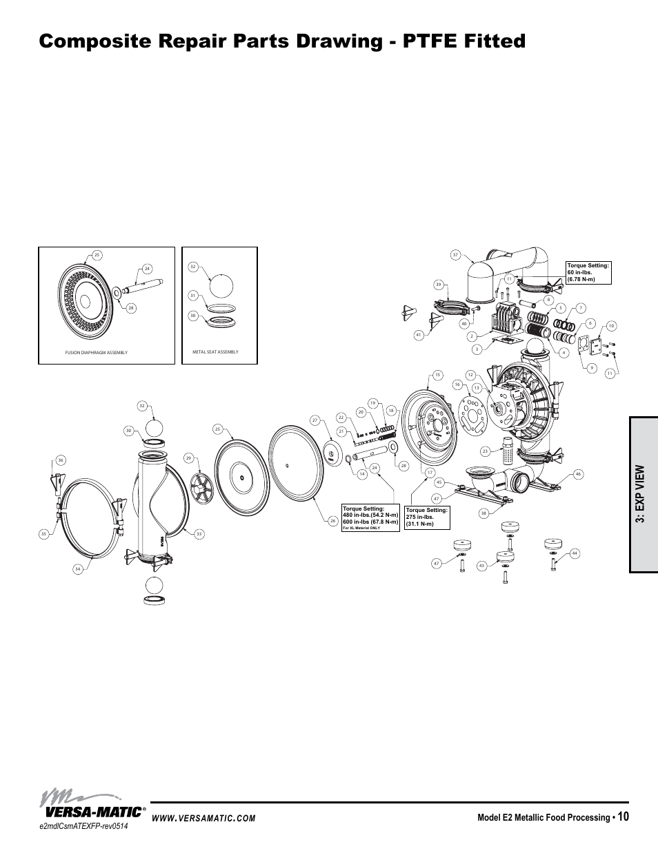 Composite repair parts drawing - ptfe fitted, Exp view, Model e2 metallic food processing | Versamatic | Versa-Matic 2 Elima-Matic Metallic Food Processing – ATEX (E2) User Manual | Page 13 / 17