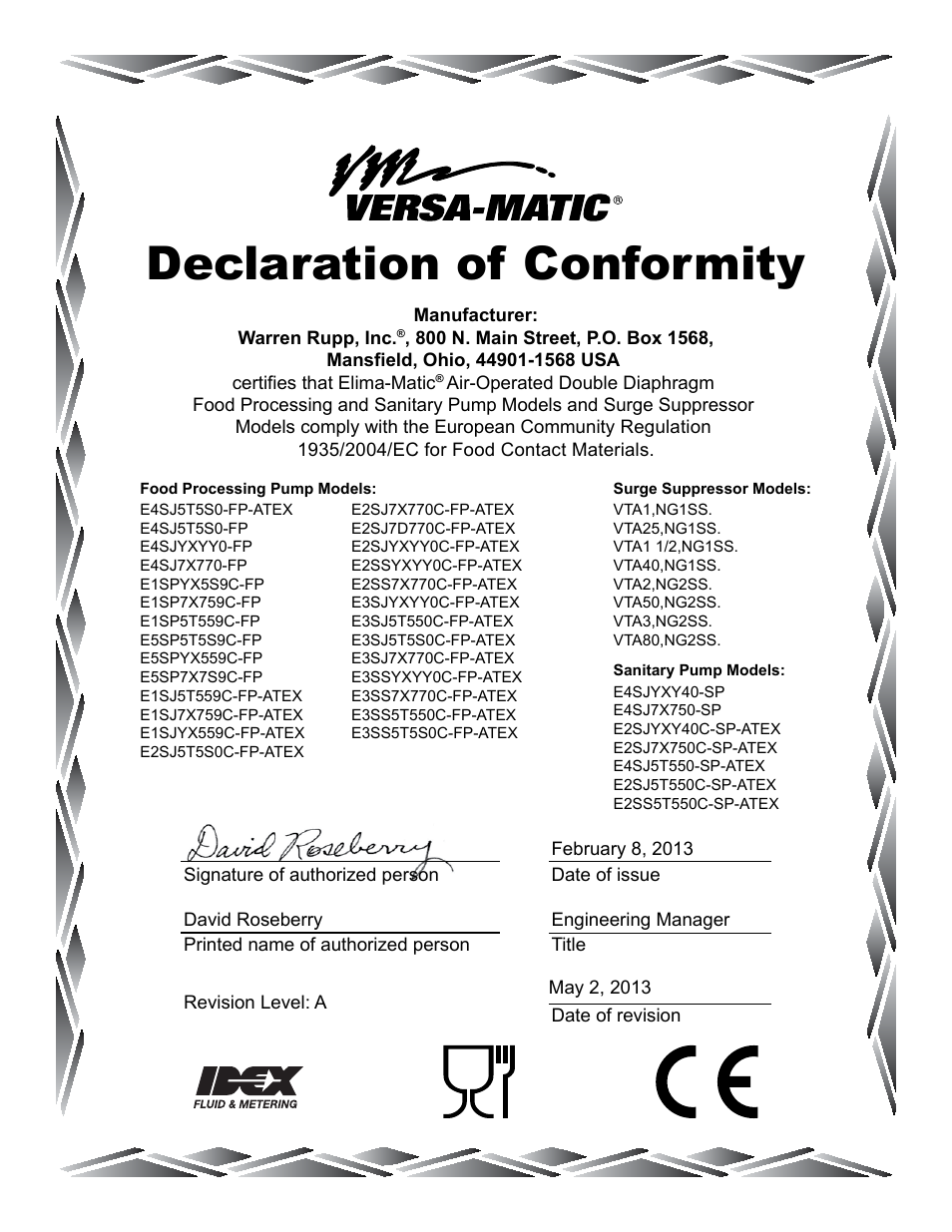 Declaration of conformity | Versa-Matic 2 Elima-Matic Metallic Food Processing – ATEX (E2) User Manual | Page 17 / 17
