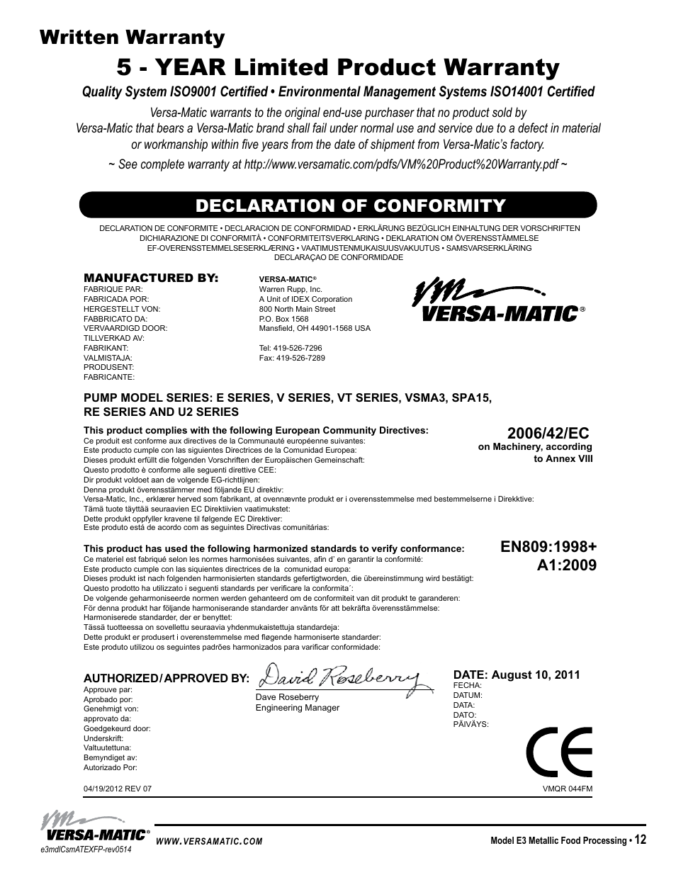 5 - year limited product warranty, Written warranty, Declaration of conformity | Model specific | Versa-Matic 3 Elima-Matic Metallic Food Processing - ATEX (E3) User Manual | Page 15 / 17