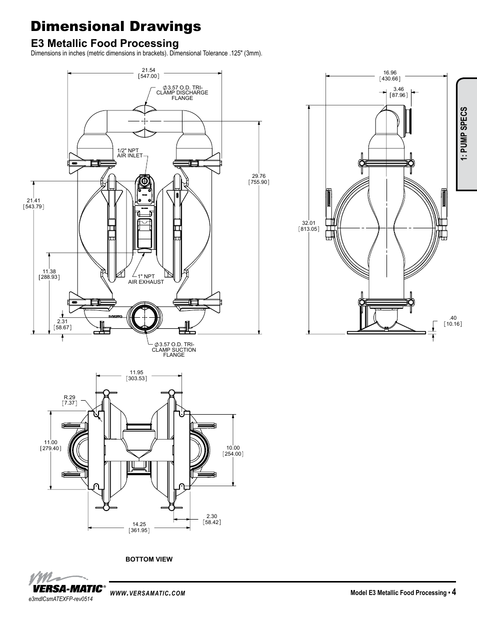 Dimensional drawings, E3 metallic food processing, Model specific | Warren rupp inc, Pump specs, Model e3 metallic food processing | Versa-Matic 3 Elima-Matic Metallic Food Processing - ATEX (E3) User Manual | Page 7 / 17