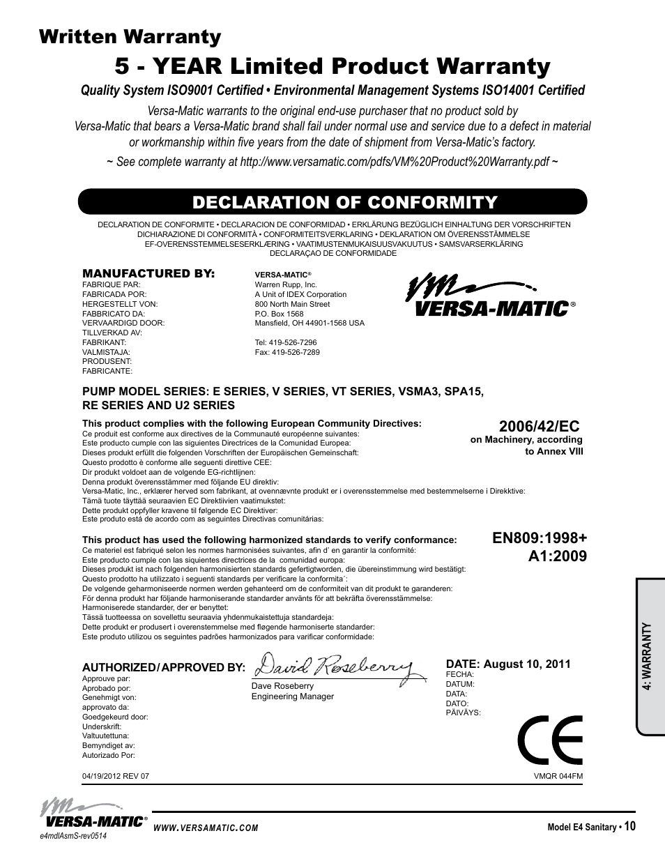 5 - year limited product warranty, Written warranty, Declaration of conformity | Model specific, W arranty | Versa-Matic 1 1/2 Elima-Matic Sanitary (E4) User Manual | Page 13 / 15