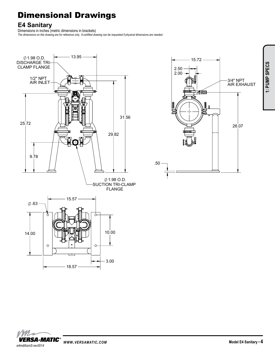 Dimensional drawings, E4 sanitary | Versa-Matic 1 1/2 Elima-Matic Sanitary (E4) User Manual | Page 7 / 15