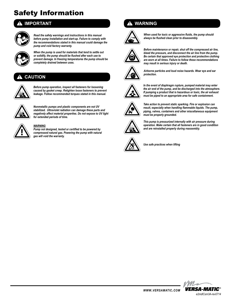 Safety information, Important, Caution warning | Universal all aodd | Versa-Matic 2 Elima-Matic 3-A Certified (E2) User Manual | Page 2 / 14