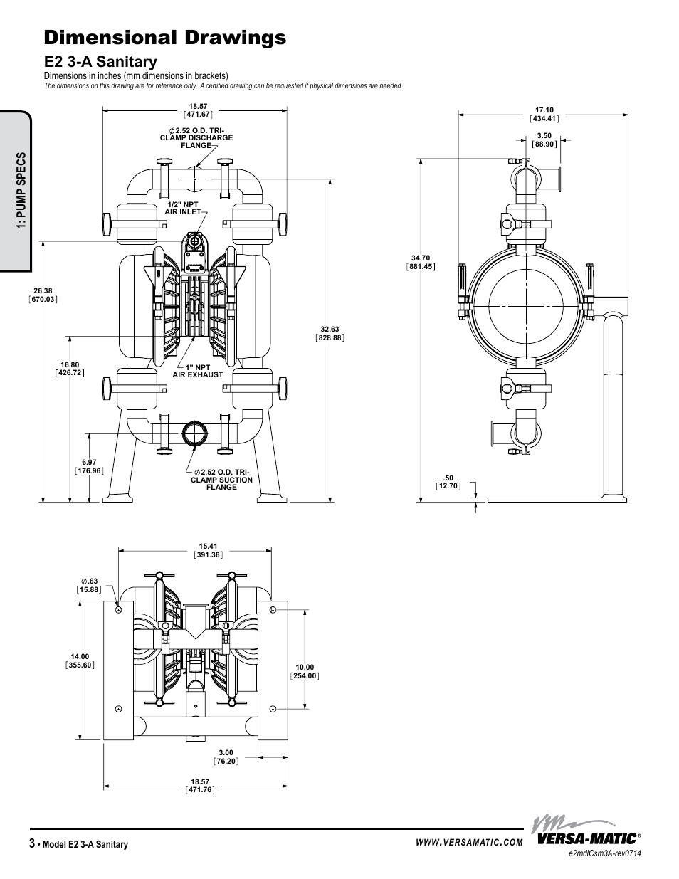 Dimensional drawings, E2 3-a sanitary, Model specific | Pump specs | Versa-Matic 2 Elima-Matic 3-A Certified (E2) User Manual | Page 6 / 14