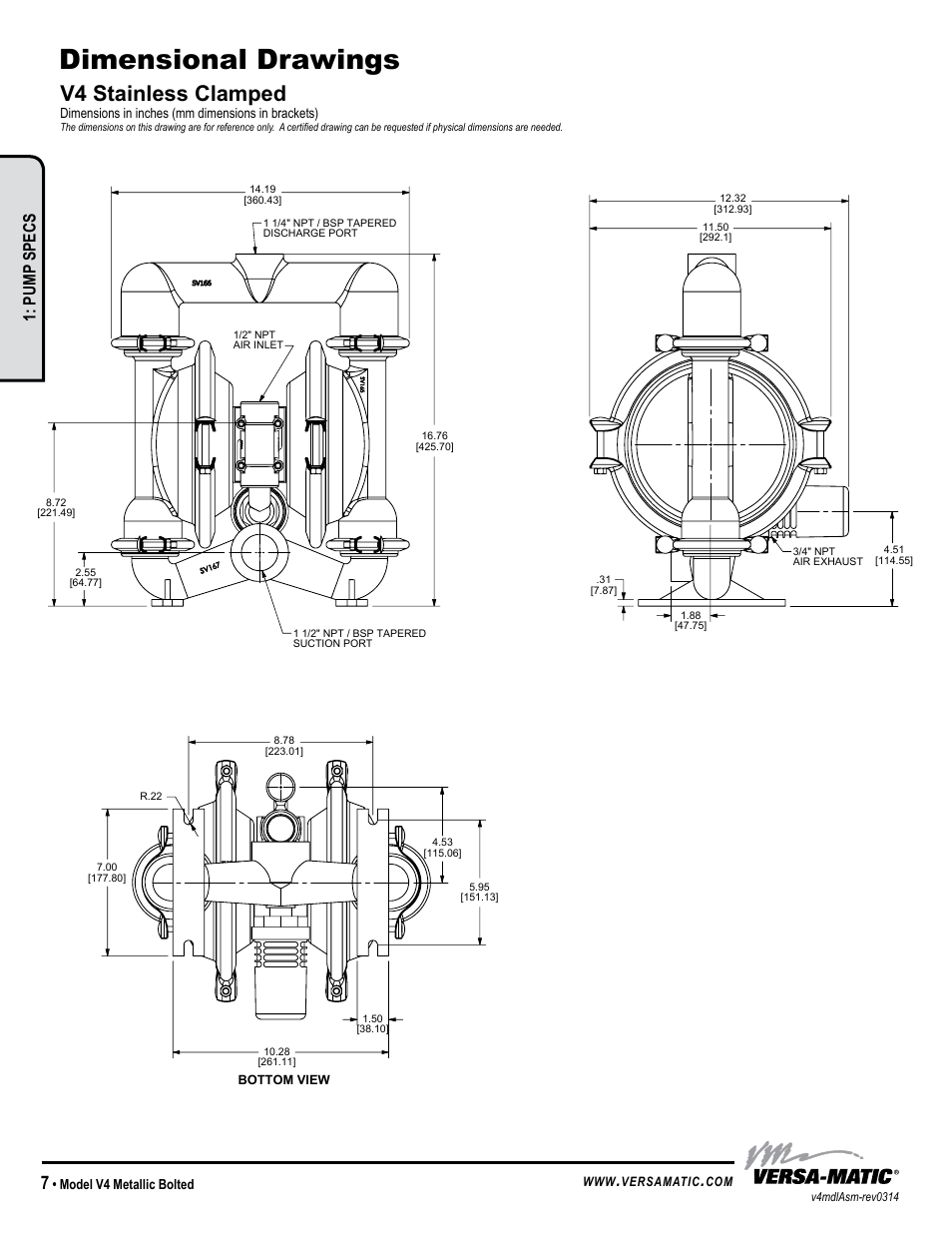 Dimensional drawings, V4 stainless clamped, Pump specs | Warren rupp inc, Model v4 metallic bolted, Dimensions in inches (mm dimensions in brackets), Versamatic | Versa-Matic 1 1/4 V Series Clamped Metallic (V4) User Manual | Page 10 / 18