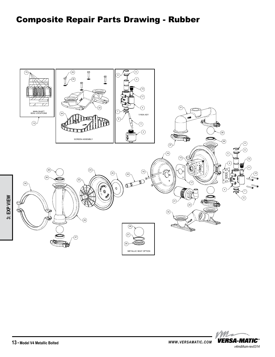 Composite repair parts drawing - rubber, Exp view, Model v4 metallic bolted | Versamatic, Warren rupp inc | Versa-Matic 1 1/4 V Series Clamped Metallic (V4) User Manual | Page 16 / 18