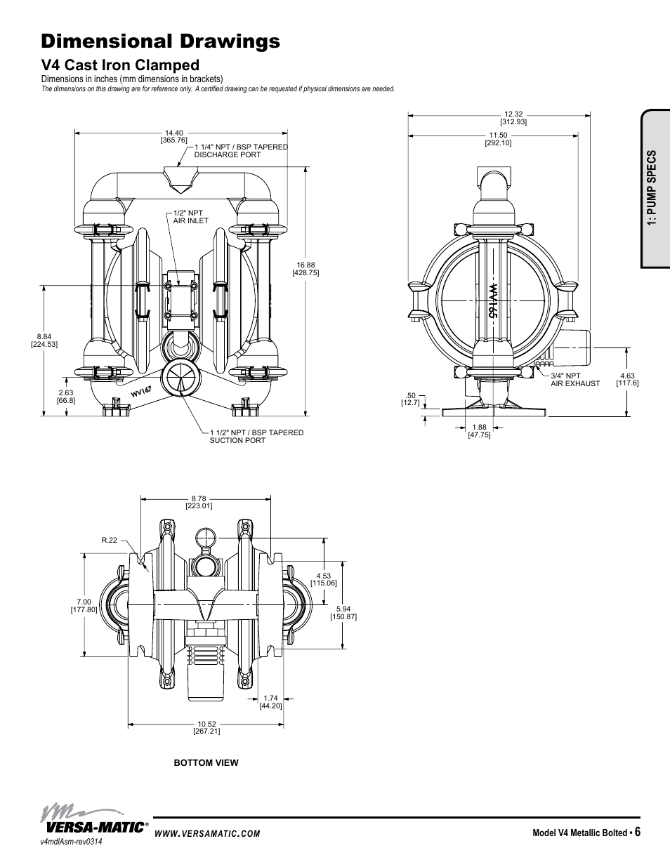 Dimensional drawings, V4 cast iron clamped, Pump specs | Warren rupp inc, Model v4 metallic bolted, Dimensions in inches (mm dimensions in brackets), Versamatic | Versa-Matic 1 1/4 V Series Clamped Metallic (V4) User Manual | Page 9 / 18