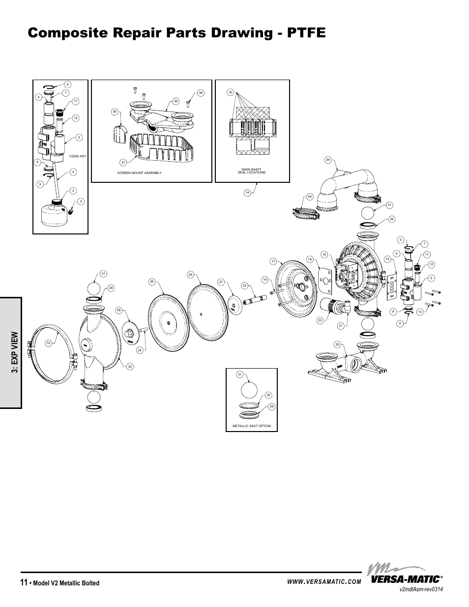 Composite repair parts drawing - ptfe, General model specific, Exp view | Model v2 metallic bolted, Versamatic, Warren rupp inc, V2xx5xxx0 | Versa-Matic 2 V Series Clamped Metallic (V2) User Manual | Page 14 / 18