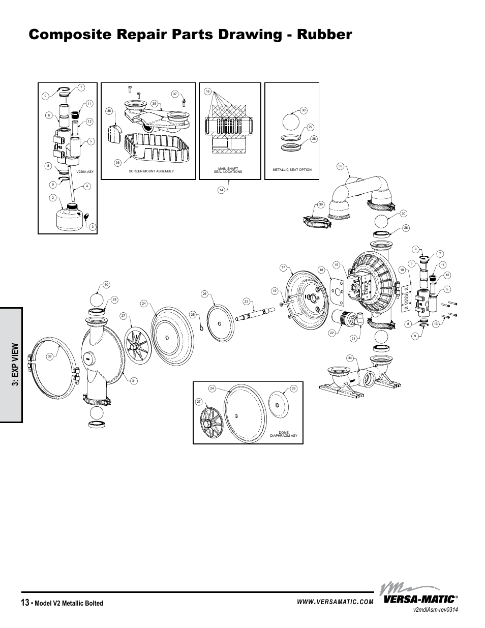 Composite repair parts drawing - rubber, Exp view, Model v2 metallic bolted | Versamatic, Warren rupp inc | Versa-Matic 2 V Series Clamped Metallic (V2) User Manual | Page 16 / 18