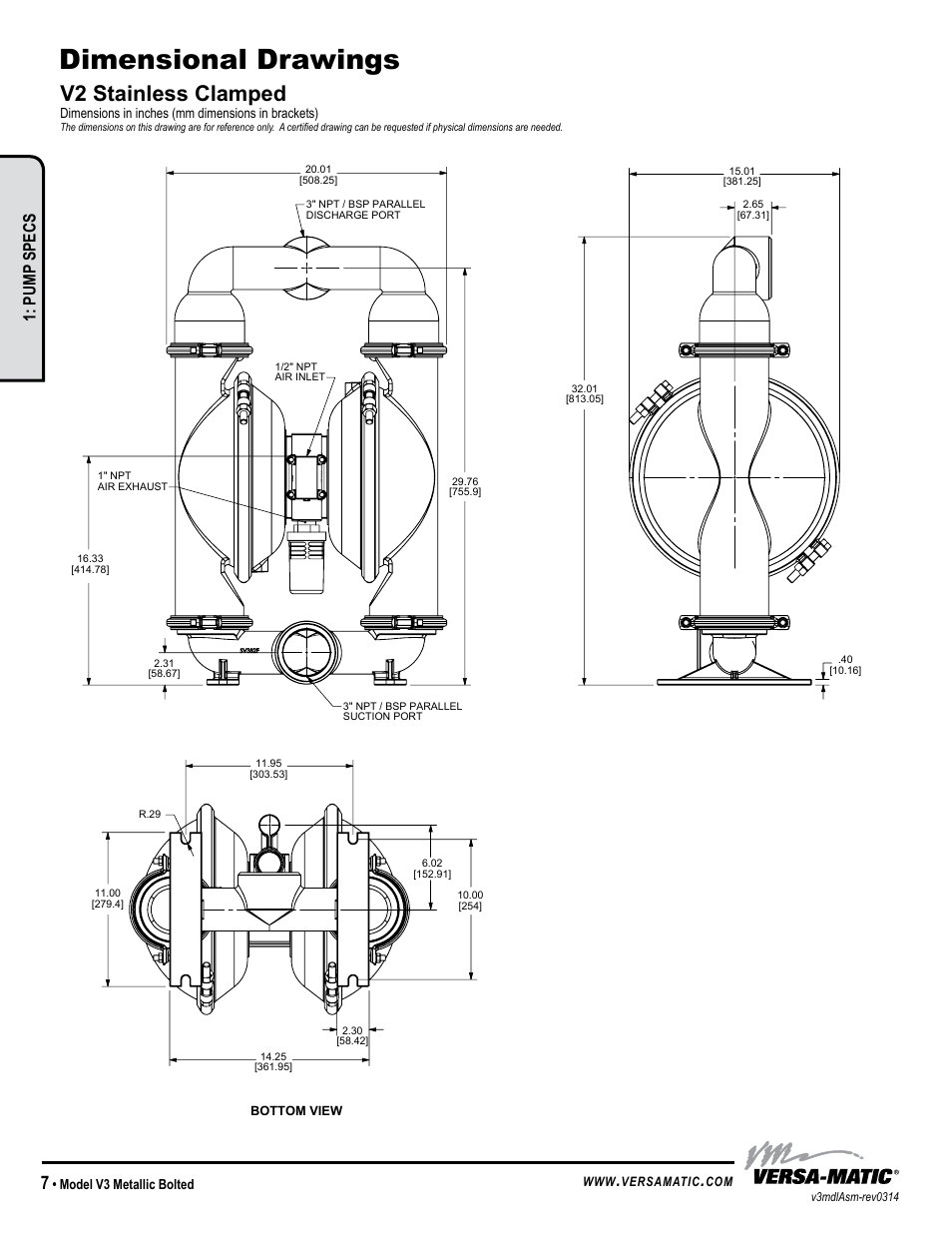 Dimensional drawings, V2 stainless clamped, Pump specs | Warren rupp inc, Model v3 metallic bolted, Dimensions in inches (mm dimensions in brackets), Versamatic | Versa-Matic 3 V Series Clamped Metallic (V3) User Manual | Page 10 / 18