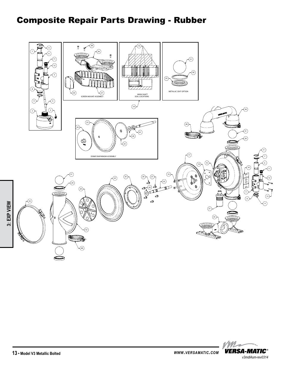 Composite repair parts drawing - rubber, Exp view, Model v3 metallic bolted | Versamatic, Warren rupp inc | Versa-Matic 3 V Series Clamped Metallic (V3) User Manual | Page 16 / 18