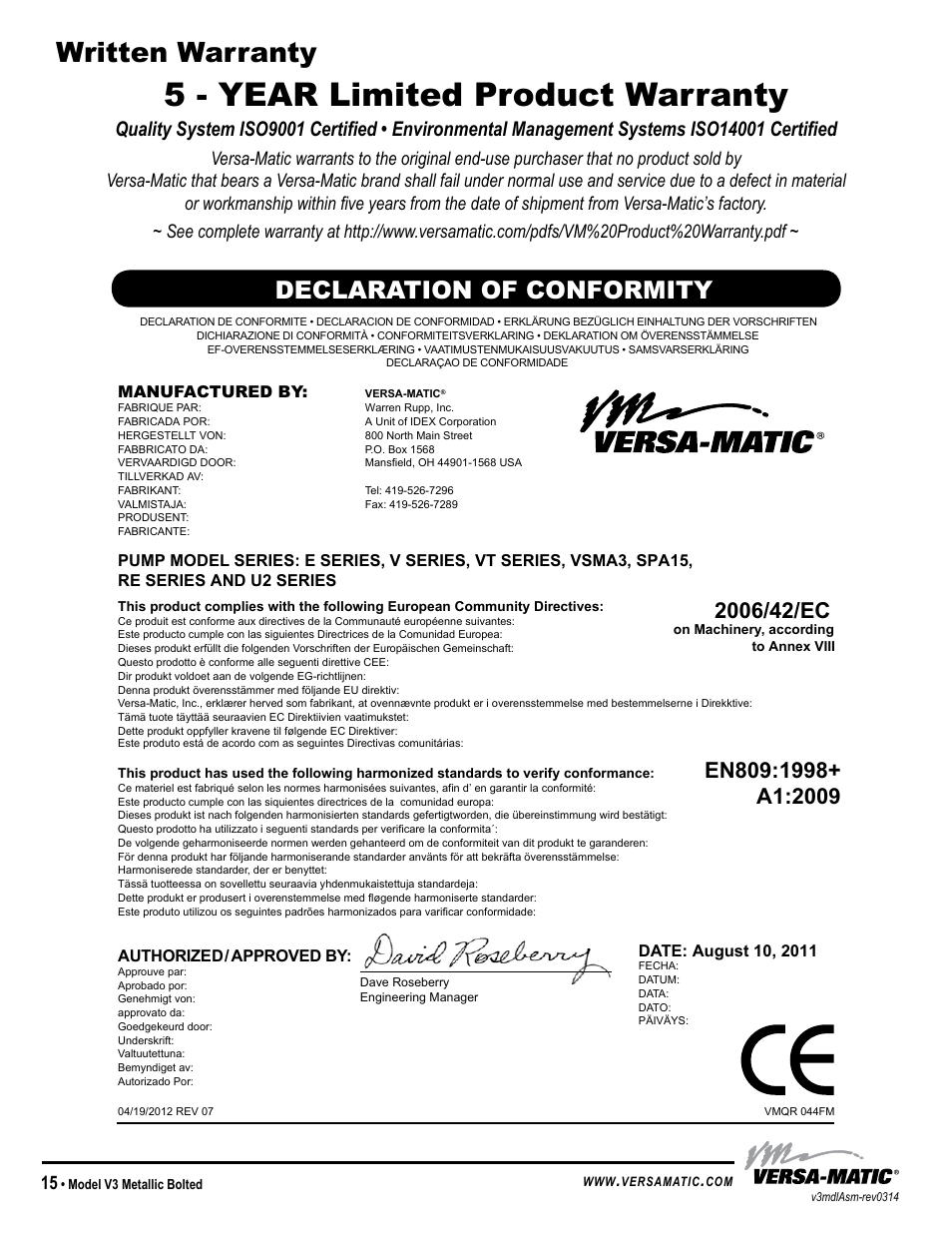 5 - year limited product warranty, Written warranty, Declaration of conformity | Model specific | Versa-Matic 3 V Series Clamped Metallic (V3) User Manual | Page 18 / 18