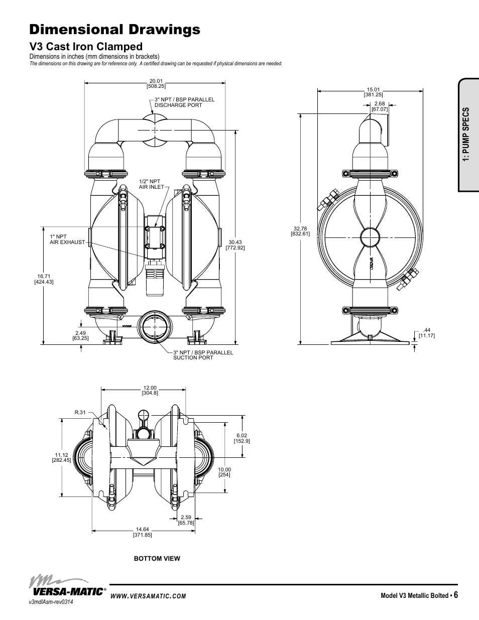 Dimensional drawings, V3 cast iron clamped, Pump specs | Warren rupp inc, Model v3 metallic bolted, Dimensions in inches (mm dimensions in brackets), Versamatic | Versa-Matic 3 V Series Clamped Metallic (V3) User Manual | Page 9 / 18