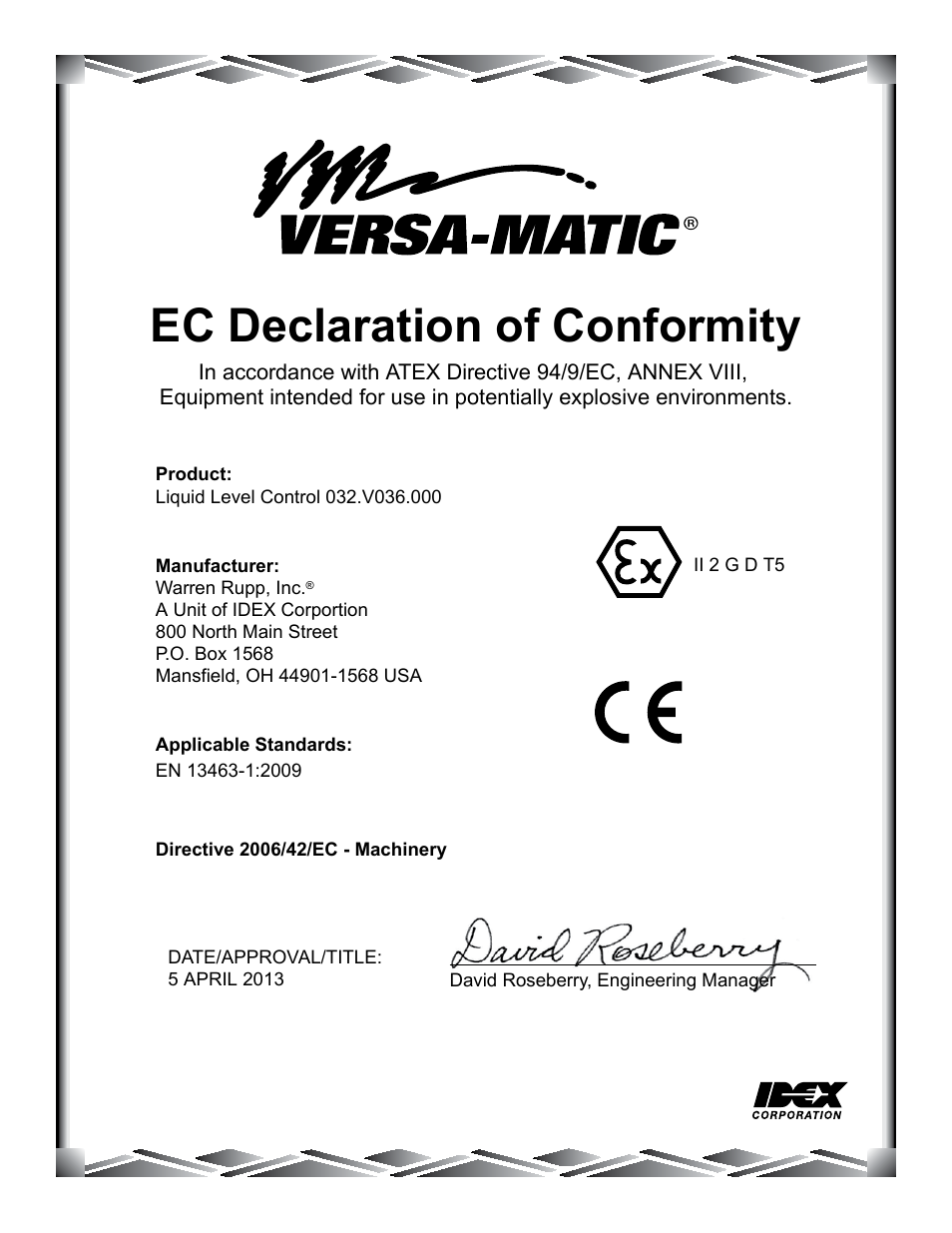 Ec declaration of conformity | Versa-Matic Liquid Level Control User Manual | Page 4 / 4