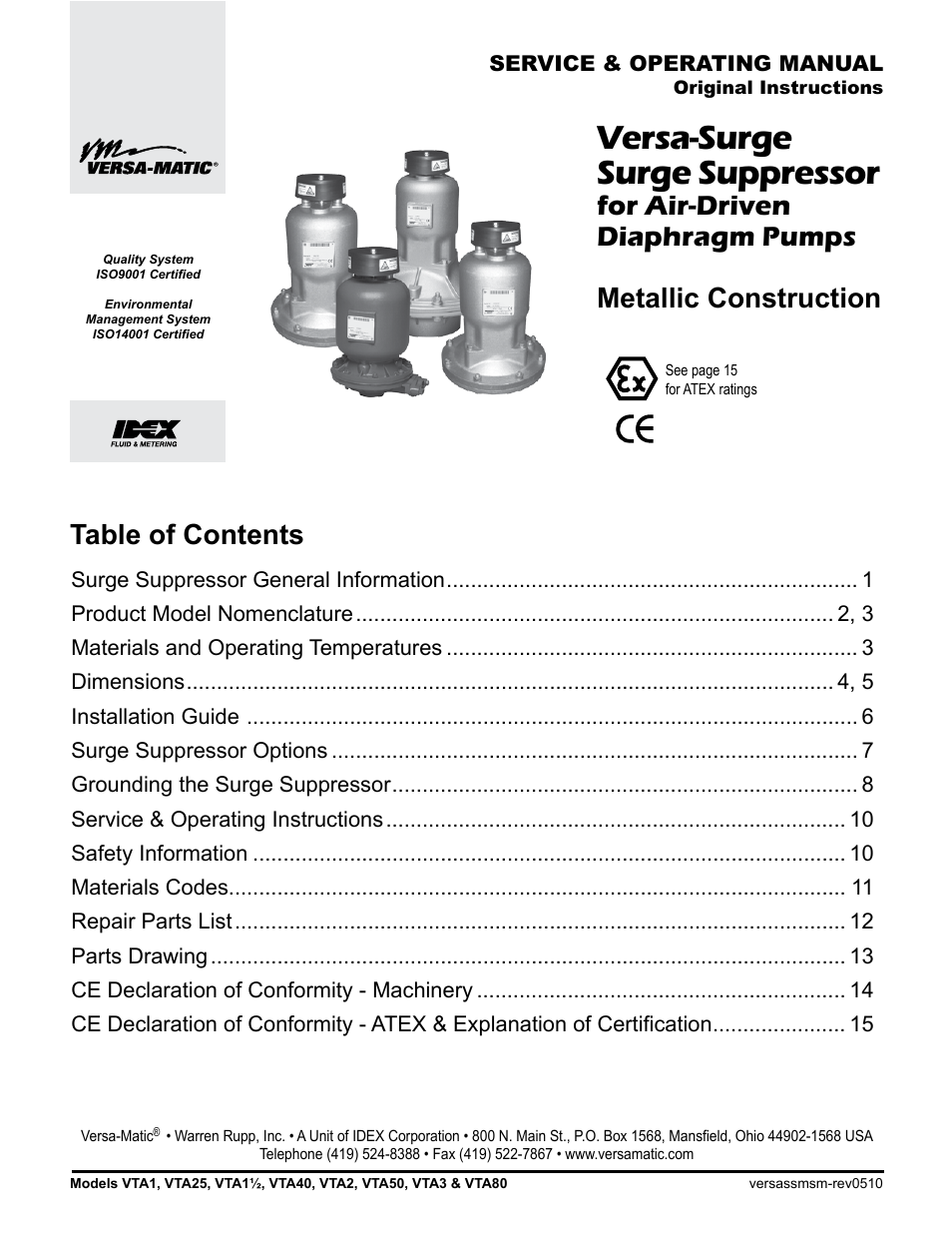 Versa-Matic Versa-Surge Surge Suppressors for Air-Driven Diaphragm Pumps Metallic User Manual | 17 pages