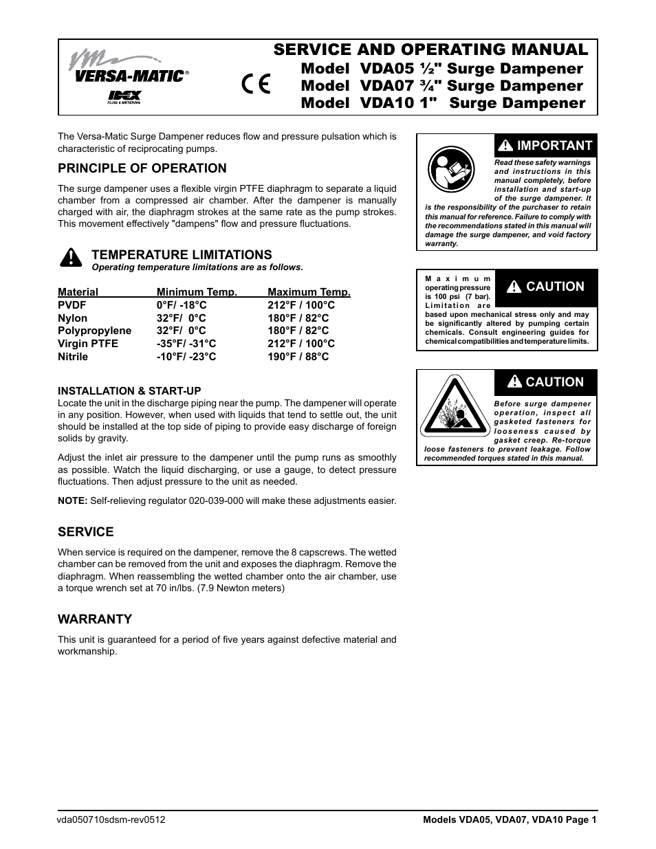 Service and operating manual, Principle of operation, Temperature limitations | Service, Warranty, Caution important, Caution | Versa-Matic VDA10 Metallic and Non-Metallic Surge Dampeners User Manual | Page 3 / 8