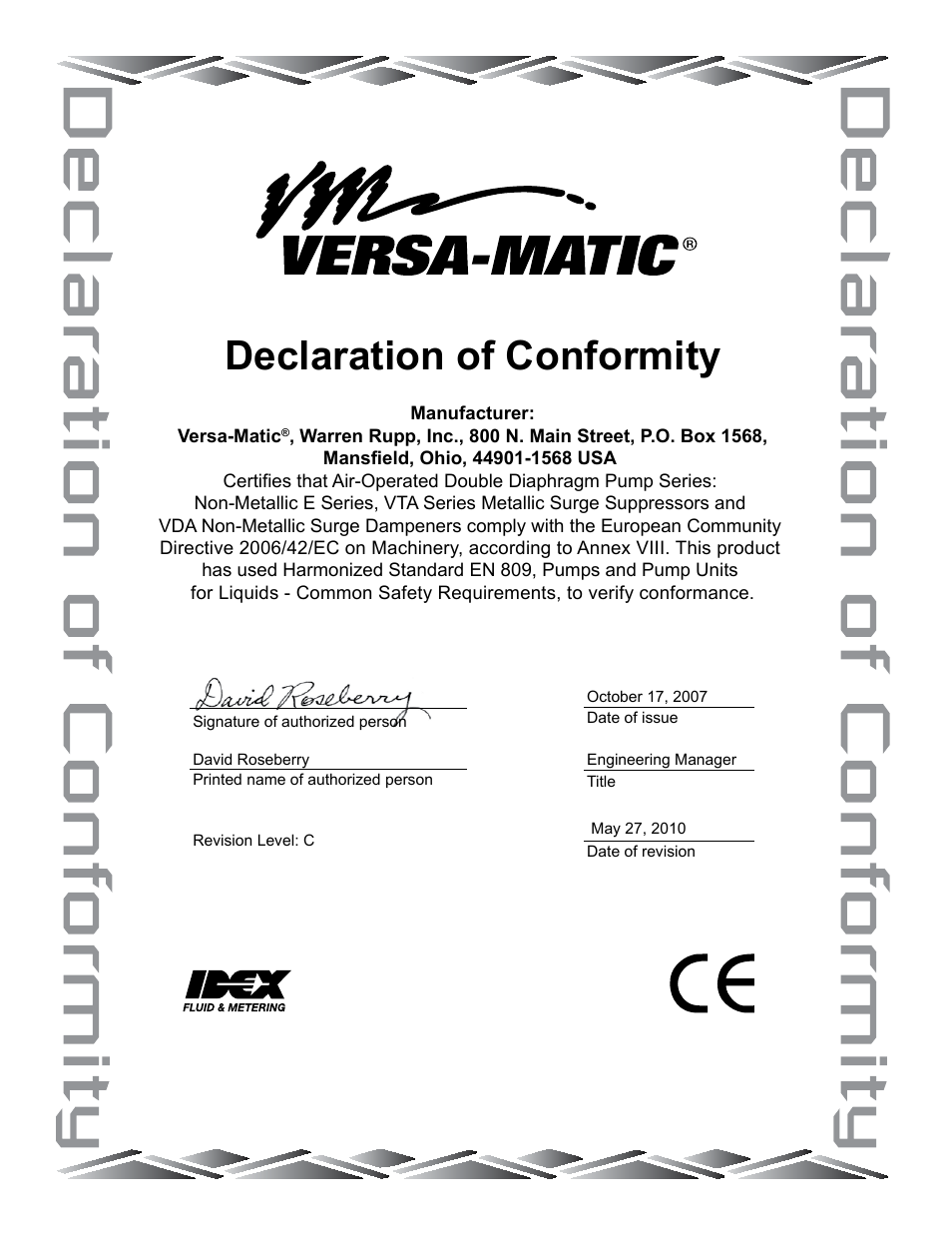 Declaration of conformity | Versa-Matic VDA10 Metallic and Non-Metallic Surge Dampeners User Manual | Page 8 / 8