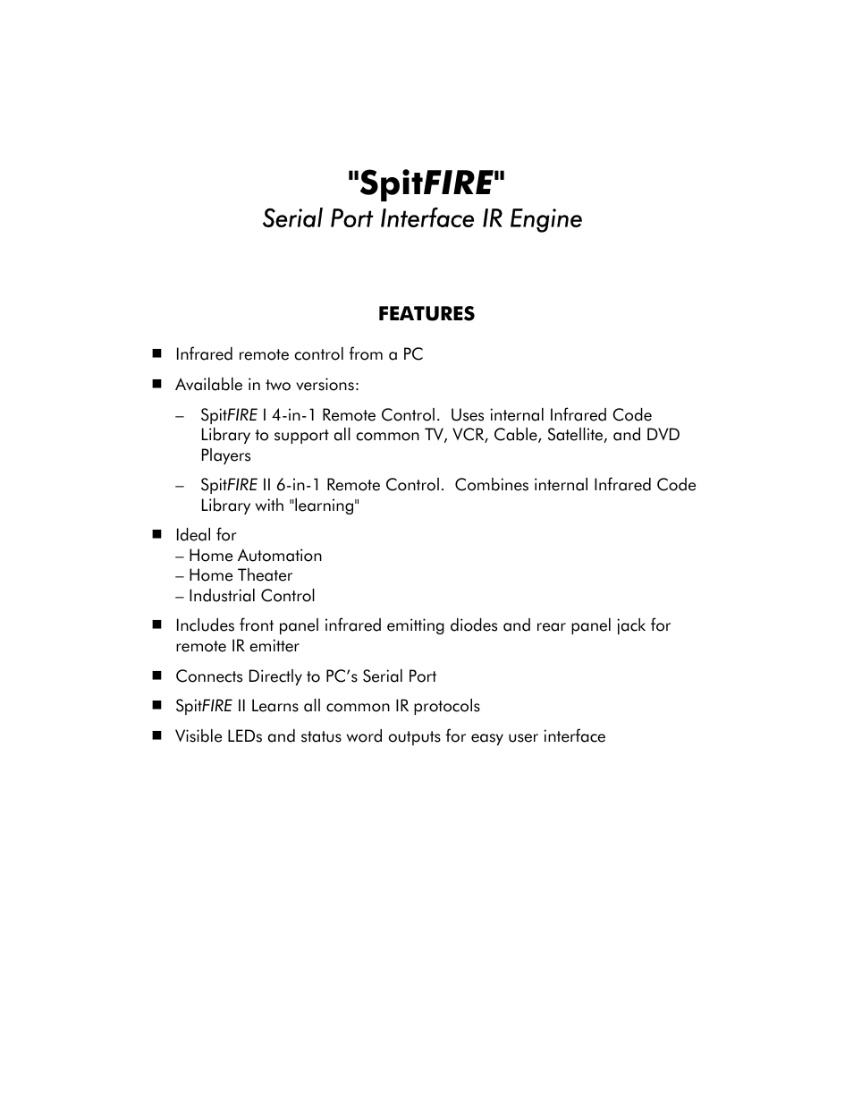 Spitfire, Serial port interface ir engine | Innotech Systems SpitFIRE II User Manual | Page 2 / 20