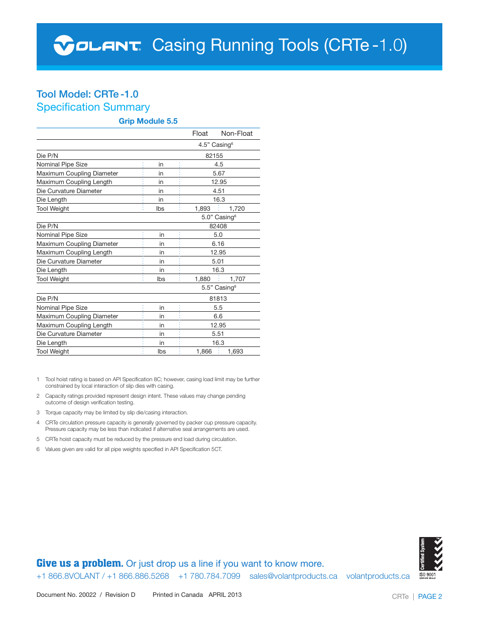 Casing running tools (crte -1.0), Specification summary, Give us a problem | Tool model: crte -1.0, Or just drop us a line if you want to know more | Volant CRTe-1.0 User Manual | Page 2 / 2