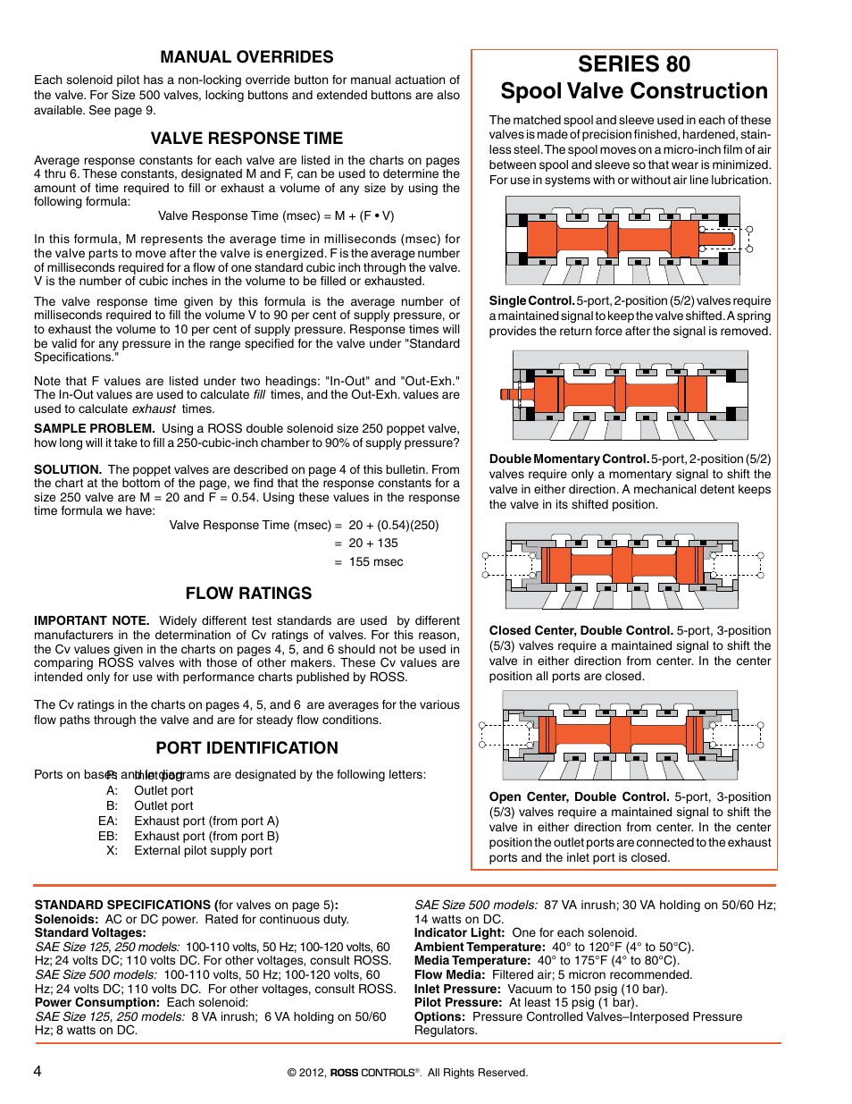 Series 84 5/2 poppet valves, Series 80 spool valve construction, Manual overrides | Valve response time, Flow ratings, Port identification | Ross Controls SPOOL & SLEEVE SERIES W80 User Manual | Page 2 / 7