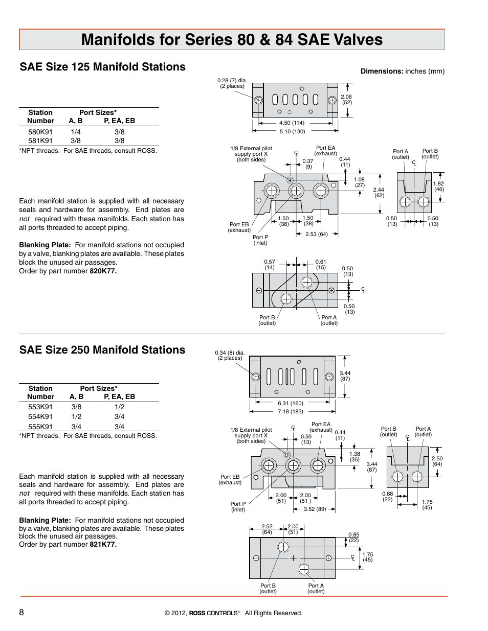 Size 125 manifold stations, Manifolds for series 80 & 84 sae valves | Ross Controls SPOOL & SLEEVE SERIES W80 User Manual | Page 5 / 7
