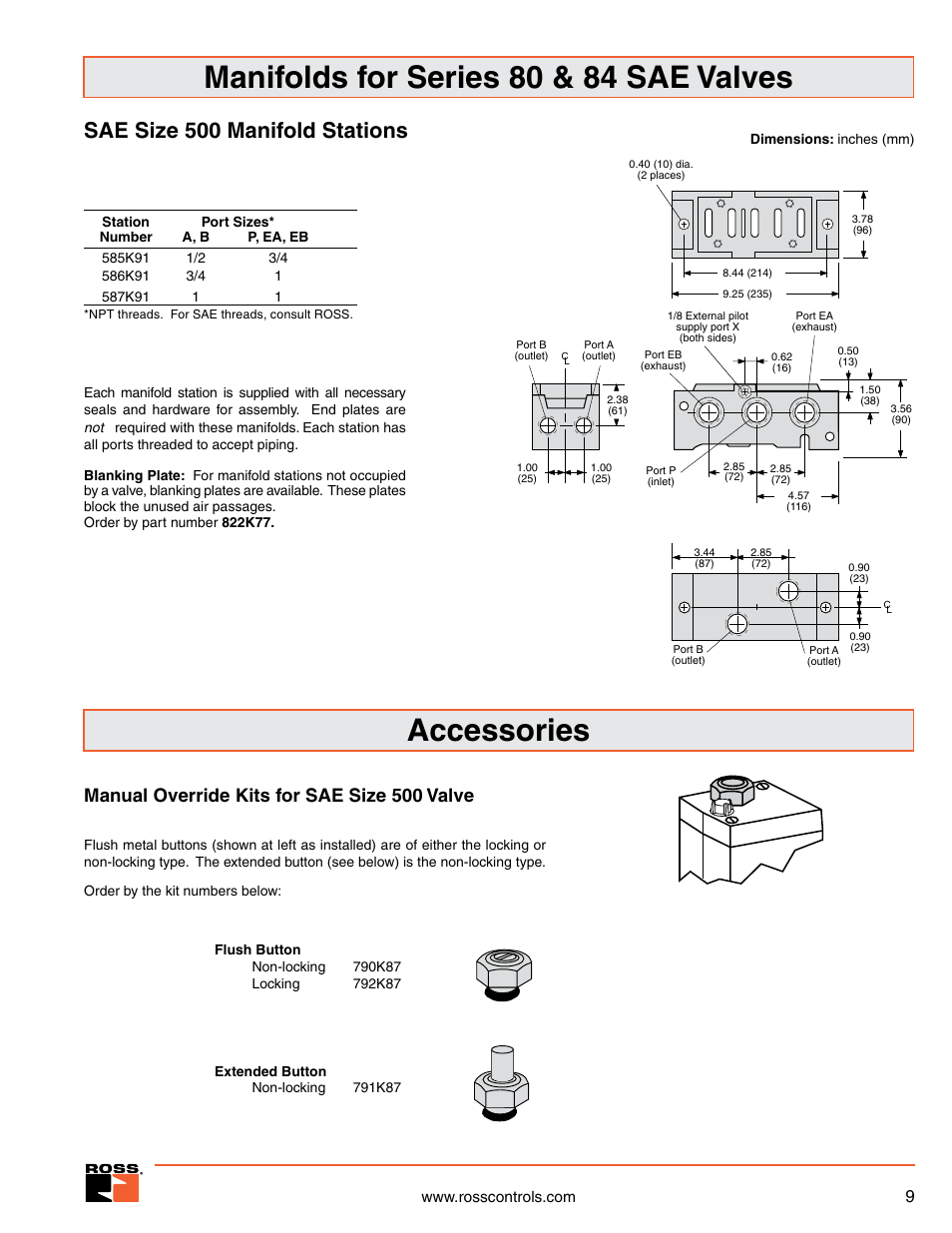 Size 250 manifold stations, Manifolds for series 80 & 84 sae valves, Accessories | Sae size 500 manifold stations, Manual override kits for sae size 500 valve | Ross Controls SPOOL & SLEEVE SERIES W80 User Manual | Page 6 / 7