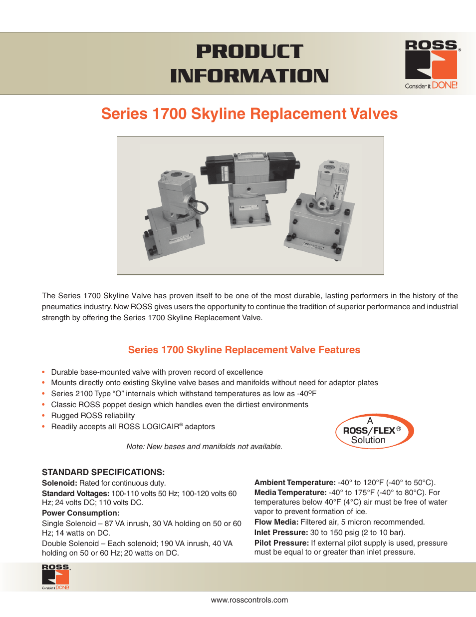Ross Controls SKYLINE REPLACEMENT VALVES SERIES 1700 User Manual | 4 pages